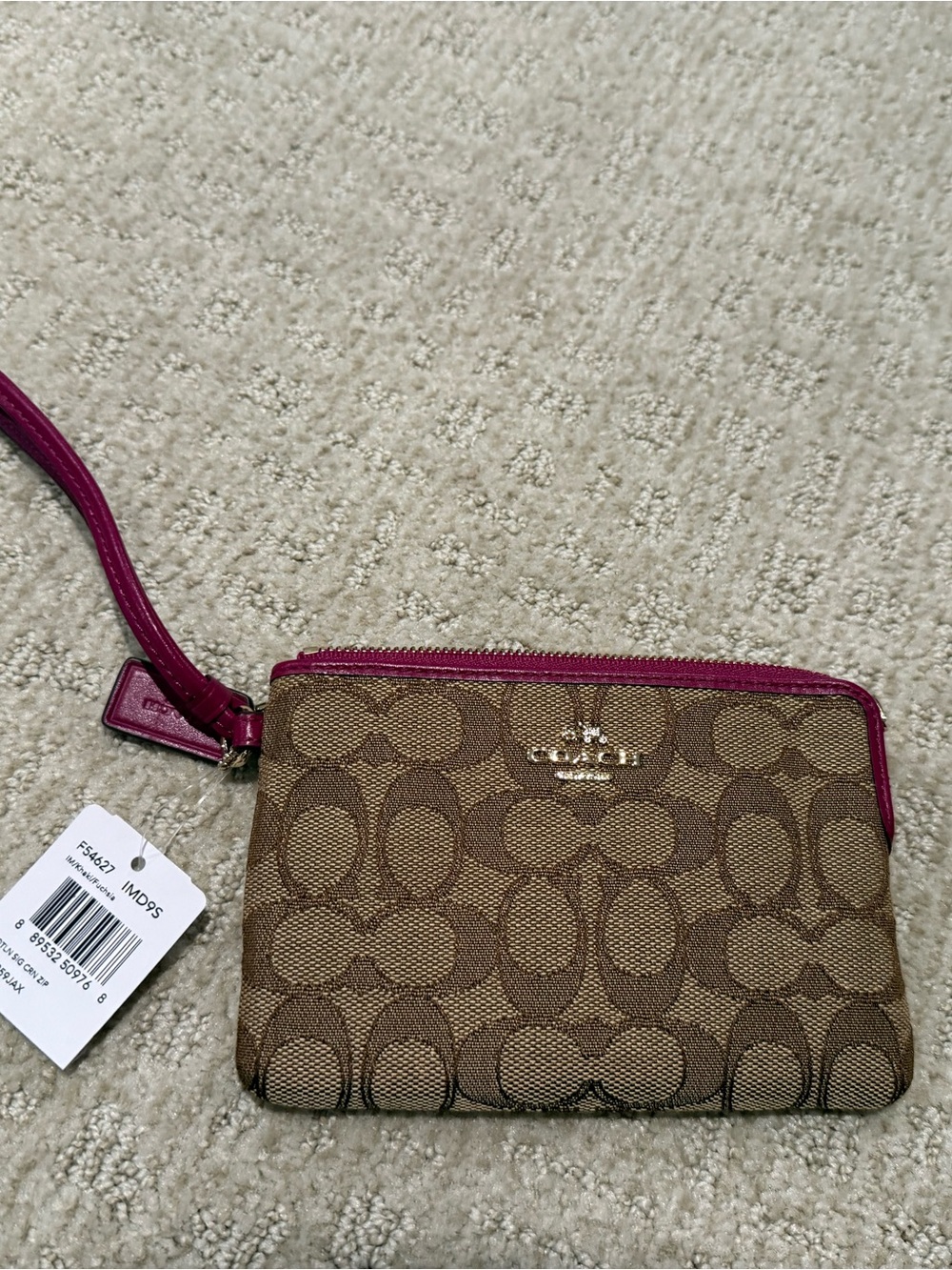 Coach Signature Canvas Wristlet in Brown with Pink Trim NWT